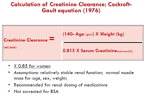 <ul><li><p>GFR can be assessed using serum creatinine-based formulae – Cockcroft-Gault and CKD-EPI (Chronic Kidney Disease Epidemiology Collaboration).</p></li></ul><p></p><p><em>IBW:</em></p><p><em>men: 50 + (0.9 x height cm&gt; 152cm)</em></p><p><em>women: 45 + (0.9 x height cm&gt; 152cm)</em></p>
