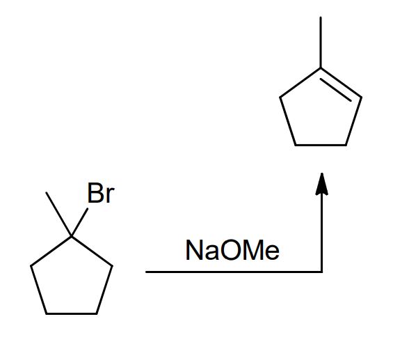 <p>Strong nu and strong bases<br>NaOMe favors SN2: attacks the C with leaving group, group leaves<br>NAOEt (bulkier) favors E2 dehydrohalogenation: removes the H next to the leaving group and group leaves to form alkene bond on more sub C</p>