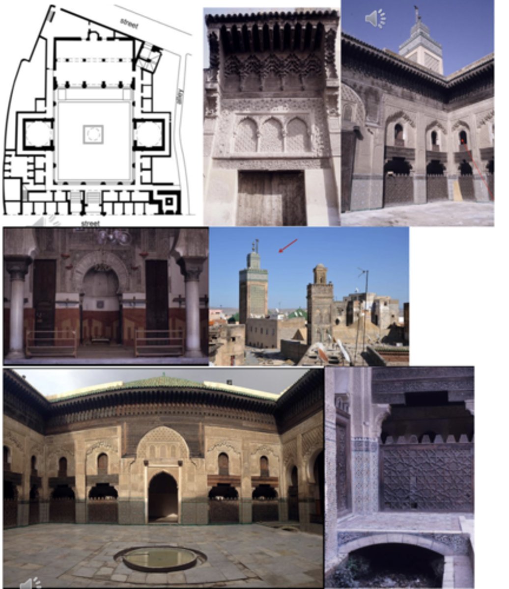 <p>Fez, Morocco; 14th Century; Marinid; Madrasa</p><ul><li><p>Large, open courtyard with dorms on the upper level and lecture halls on the left and right (layout was well throughout to avoid unnecessary entrances into courtyard or from public)</p></li><li><p>Corbelled arches were present here too, so they were fake arches</p></li><li><p>A stream ran through the building; crossing it to get to the prayer hall</p></li><li><p>Could enter the prayer hall from either the courtyard or the base of the mihrab</p></li><li><p>The mosque had a clock on the outside of the qibla wall, and the minaret is where the call to prayer was said from, after one would climb up</p></li></ul><p></p>