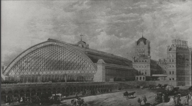 <p>Scott, London, England, 1868-74, train station important to economy b/c of train transportation (distributing and connecting people). Usually located in the heart of the city bigger cities had a ring of stations that connected to different parts of the city. New building type and provided new buildings for public life. Main building had ticket both, restaurant and hotel. Front recalls neo gothic architecture shows that the building is dignified to represent the city. Supposed to convey that you were arriving to a place of culture. Massive public institution that wasn’t a church or town hall. Back of building or train shed was made out of industrial materials. Protected passengers from elements but had to keep one end open due to the train emissions. Shed designed by engineer and head building designed by architect. </p>