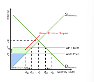 <ul><li><p>surplus is gained by domestic producers as prices increase</p></li><li><p>foreign companies lose out as their goods are marked up and look less attractive</p></li><li><p>in the long run, other governments may retaliate, which negatively affects domestic producers</p></li><li><p>these effects depend on the price elasticity of the product</p></li></ul><p></p>