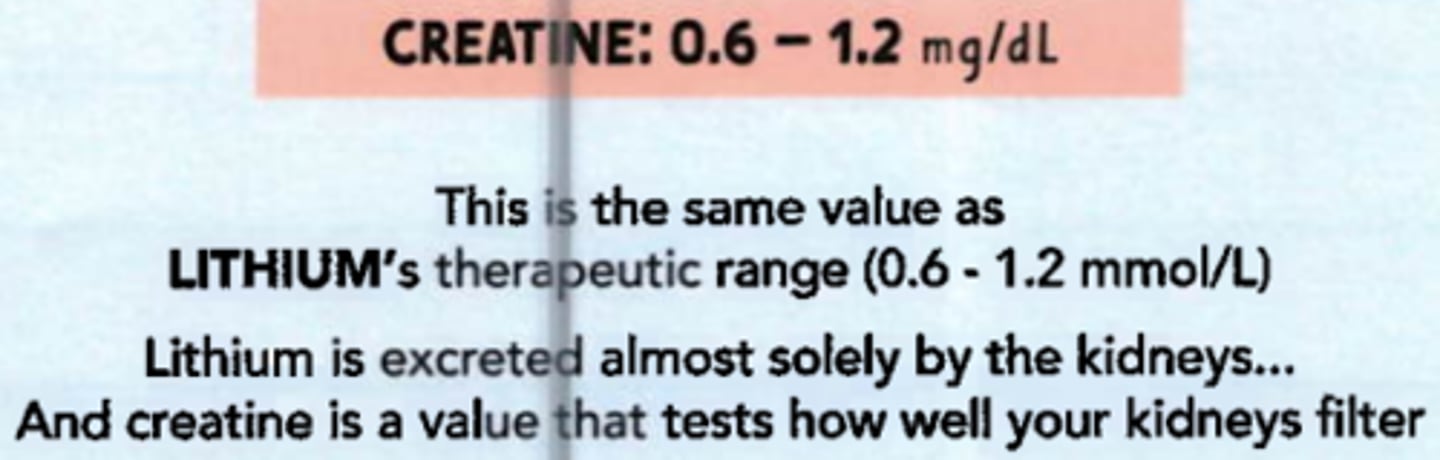 <p>0.2-1.0 mg/dL</p><p>elevated= kidney impairment</p>