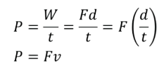 <p>P = Fv</p><p>F = force</p><p>v = velocity</p>
