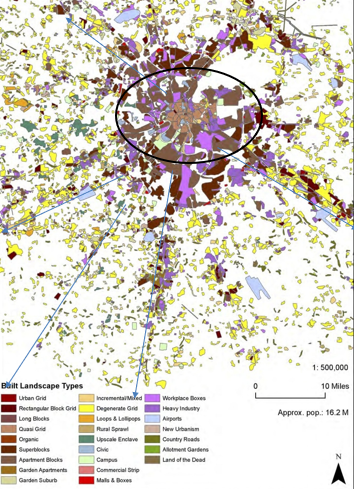 <ul><li><p>Large core</p></li><li><p>Lots of large apartment blocks from USSR era</p></li><li><p>Lots of public transportation</p></li><li><p>Notice “spines” of development?</p></li></ul><p></p>