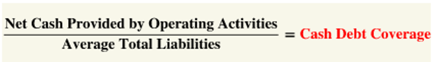 <p>- provides information on financial flexibility. It indicates a company's ability to repay its liabilities from net cash provided by operating activities without having to liquidate the assets employed in its operations</p><p>- takes a longer range view bc it uses a longer-range view</p><p>- the higher this debt ratio, the less likely the company will experience difficulty in meeting its obligations as they come due. It signals whether the company can pay its debts and survive if external sources of funds become limited or too expensive</p>
