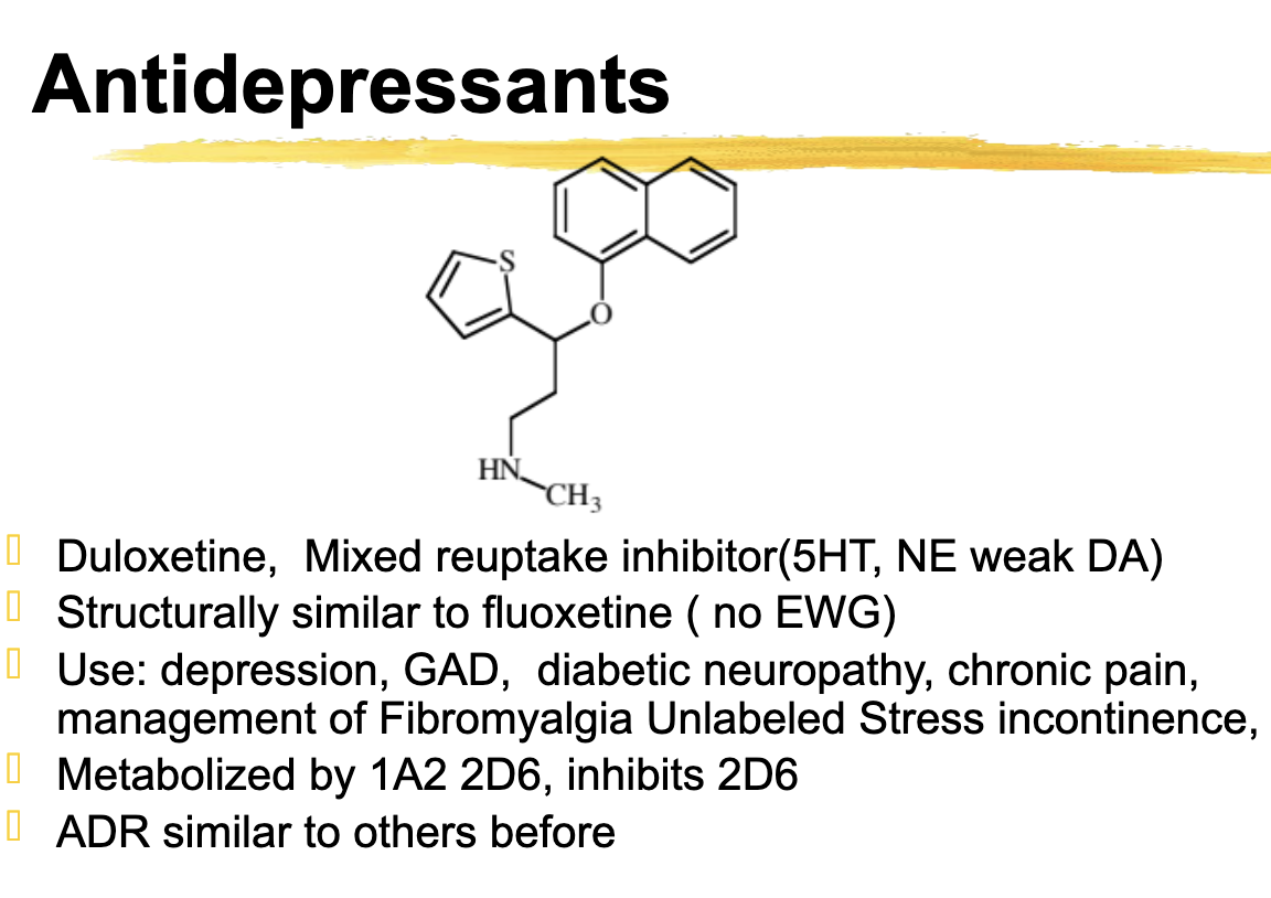 <p>Use: depression, GAD, diabetic neuropathy, chronic pain, management of Fibromyalgia Unlabeled Stress incontinence</p>