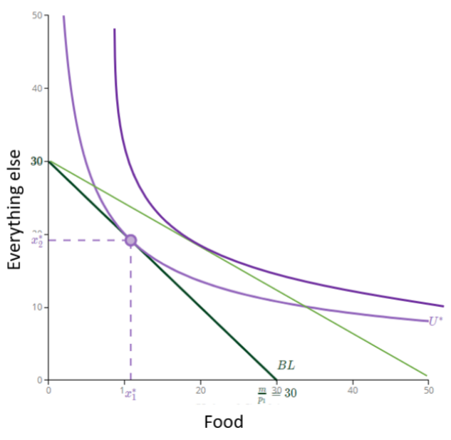 <p>● Subsidy reduces the price of food and rotates the budget constraint</p><p>○ Substitution effect: Food is cheaper so you buy more</p><p>○ Income effect: Your budget set is larger, so you buy more normal goods</p><p>● Will consumers buy more/less of everything else?</p><p>○ Depends on preferences</p>