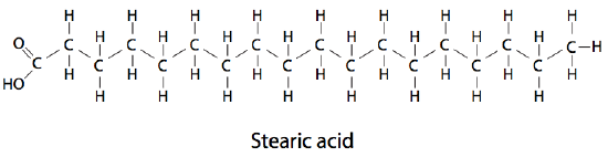 <p>*follows the form R-COOH</p><p>(C<sub>18</sub> acid)</p><p>CH<sub>3</sub>(CH<sub>2</sub>)<sub>16</sub>-COOH</p>