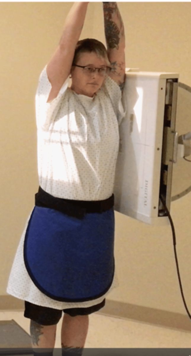 <p>Pt Placement: LEFT side against bucky, arms straight up</p><p>Measure: Under arms side to side</p><p>Collimation: 14x17</p><p>CR Placement: Top of film 1.5" above VP, vertical aspect of CR slightly behind humeral head, look for light in front AND behind patient </p><p>Tube tilt: none</p><p>SID: 72"</p><p>Breathing: Inhale and hold</p>