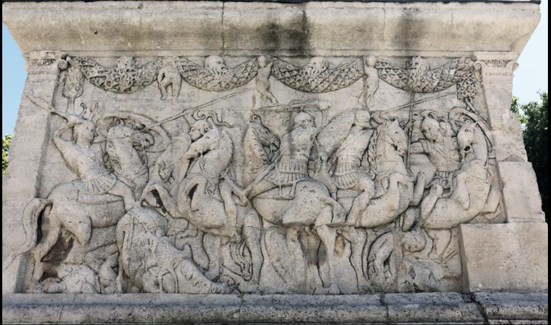 <p>Name: Monument of the Julii</p><p>Date: 30-20 BCE</p><p>Location: Glanum (in Gaul/Southern France)</p><p>Culture: mix of different styles. The base has a socle (decorated base with reliefs). On top is a four sided arch (quadrifons). On top is a tholos. Normally, you don’t see a funerary monument with three different styles stacked (it shows a mixture of provincial and roman ideas). </p><p>Socle: the sculptures show a cavalry battle, roman soldiers (with hats) vs a non roman army. Two sides show mythological events. These are deep relief cut outlines (just deep outlines, not the same as high relief). This type of sculpting is from the “glanum master” (local gaul artist but is aware of outside mediterranean culture). </p><p>Takeaways: Roman culture connected with gallic culture, greco-roman iconographies (mythology &amp; history), local artists,uses tholos (very greek) but stacked which is weird. The dedicated family (the Julii) were likely elite residents of local Gaul but stayed wealthy after the Romans took over and were loyal to them. </p><p>Medium: Limestone (from local quarries)</p><p>Fact: Right outside the city walls of Glanum. Dedicated by three men (Sextus, Lucius, and Marcus Julius - the three sons of Gaius). The family name is Gens Julia (the same type of family that Julius Caesar comes from). They were likely local tribe people that helped the Romans take over Gaul, and were given citizenship of Rome by Caesar or Augustus (giving them the Julia family name)</p>