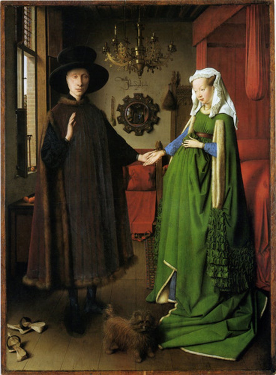 <p>Form:</p><p>-oil on wood</p><p>-Renaissance</p><p>Content:</p><p>-betrothal (engagement)</p><p>-dog represents wealth and fidelity</p><p>-barefeet- something sacred taking place</p><p>-Patron saint of domesticity (St. Margaret</p><p>-Van eyck signature and reflection in mirror</p><p>-witnesses of the marriage shown in the mirror</p><p>Function:</p><p>-shows status, wealth, power</p><p>Context:</p><p>-artist: Van Eyck</p><p>-1434 CE (15th century)</p><p>-Flanders</p>