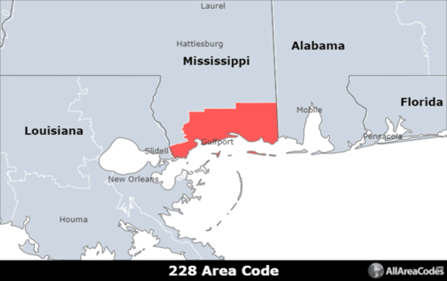 <p>Area code 228 is located in southern Mississippi and covers Gulfport, Biloxi, and Pascagoula. It is the only area code that serves the area.</p>