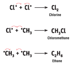 <p>When most of the reactants have been used up during Steps 2 and 3, there are only a small number of Cl radicals and methyl radicals left over. These combine to form Cl2, chloromethane and ethane.</p>