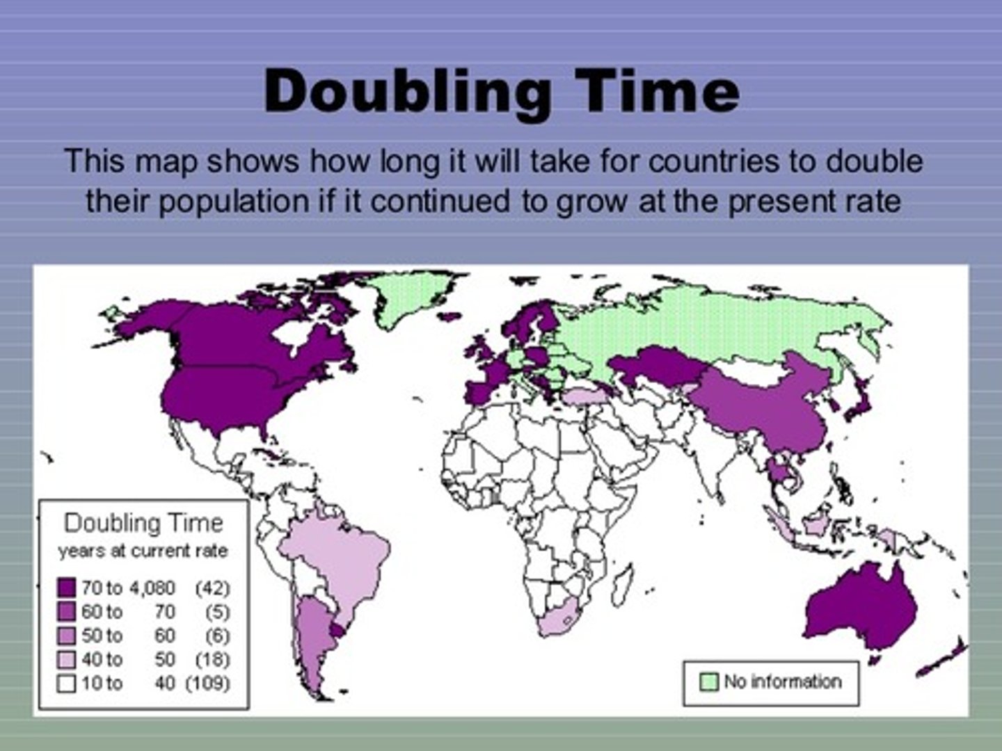 <p>The number of years needed to double a population, assuming a constant rate of natural increase. For example, if the population of a growing city takes 10 years to double from 100,000 to 200,000 inhabitants and its growth remains exponential, then in the next 10 years the population will double to 400,000 and 10 years after that to 800,000 and so on.</p>