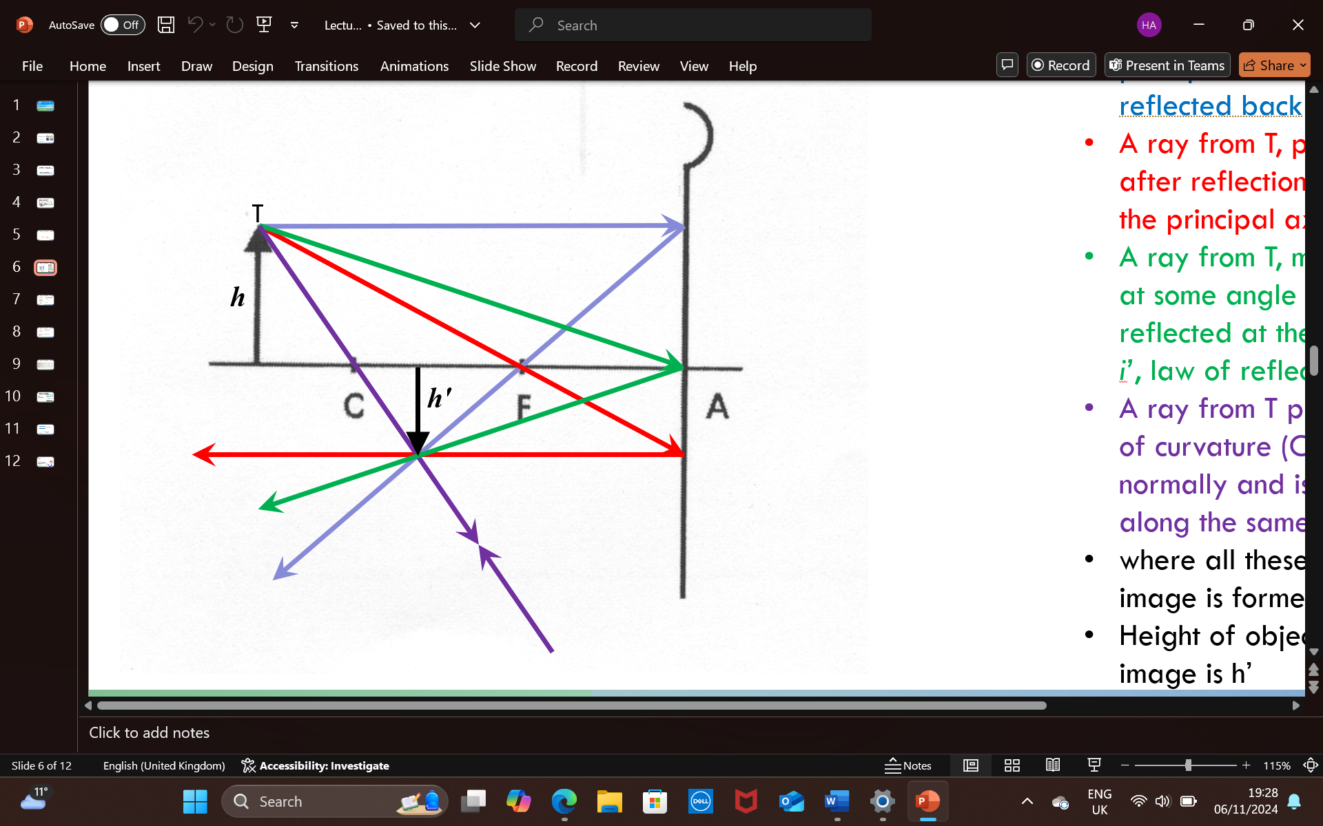 <p>1- ray from T which is parallel to the principle axis hits the mirror and is reflected back through F</p><p>2- a ray from T passes through F and hits the mirror, after reflection it becomes parallel to the principle axis</p><p>3- a ray from T meets the vertex/pole (A) at some angle of incidence (i), and is reflected back at the same angle i, / law of reflection i = i’</p><p>4- a ray from T passes through C (center of curvature), strikes the mirror normally (in the periphery) and is reflected BACK along the same path</p><p>the point where all the rays intersect = where an image is formed ( a real and inverted image, slightly smaller than object)</p><p>h = height of object, so h’ = height of the image</p><p></p>