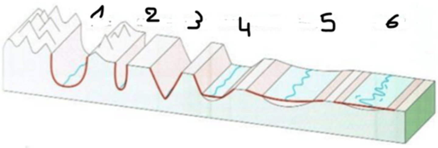 <p>hoge snelheiden, verticale erosie</p>