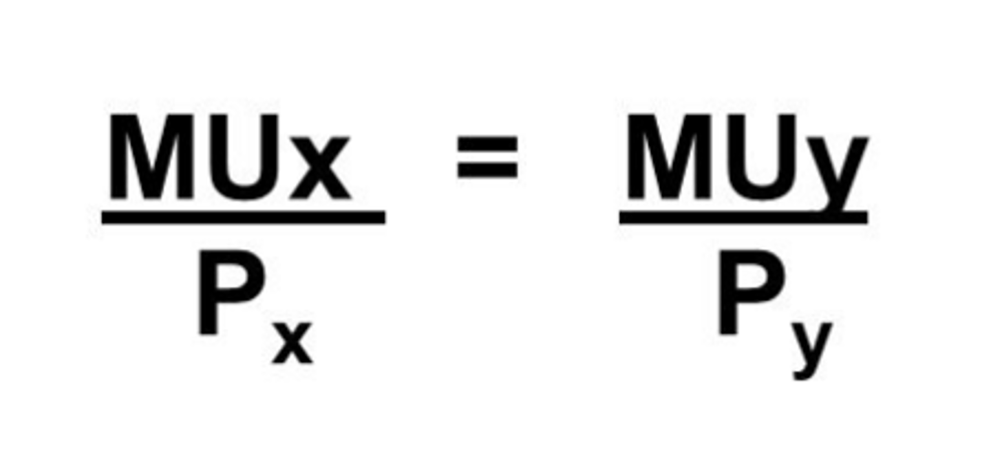 <p>- should be equal to obtain greatest utility/happiness<br>- inequality: buy less of product with lower MUx/Px and more of product with higher MUx/Px</p>