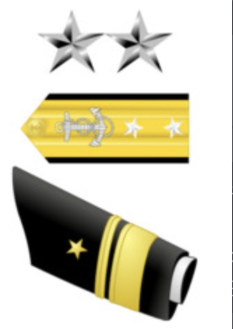 <p>2 Silver stars, [1] 2" Gold Stripe, [1] 1/2" Gold Stripe</p>