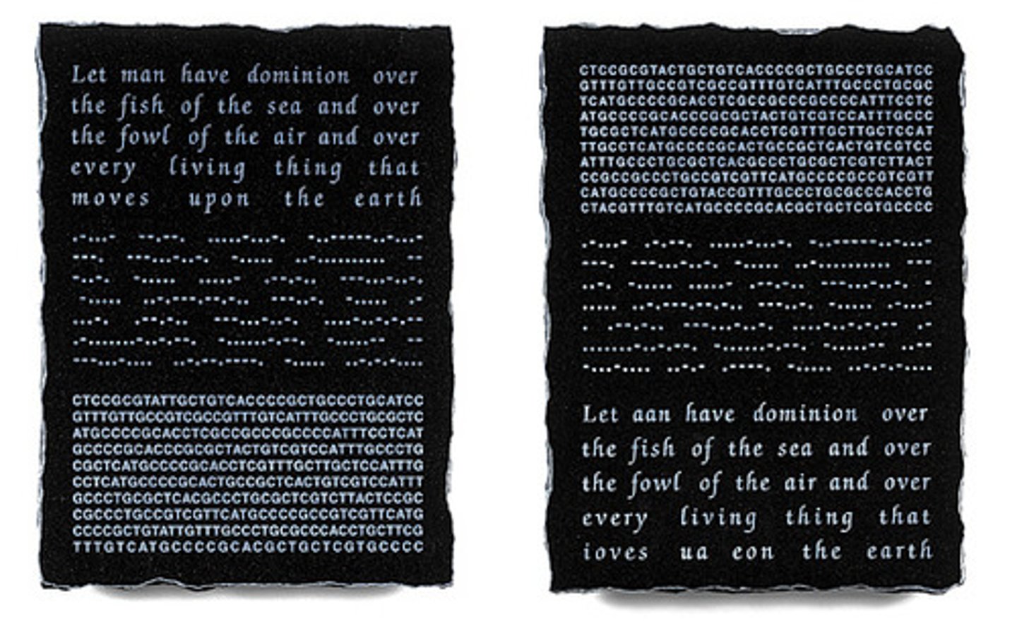 <p>artists who work with the same living organic materials that scientists do: bacteria, cell lines, molecules, plants, body fluids, tissues, living animals. (Kac, Encryption Stones, 2001. Laser-etched granite. PROCESS: English -> Morse code -> Genetic conversion -> DNA sequence of base pairs -> transgenic bacteria w/ synthetic &amp; natural genes -> English)</p>