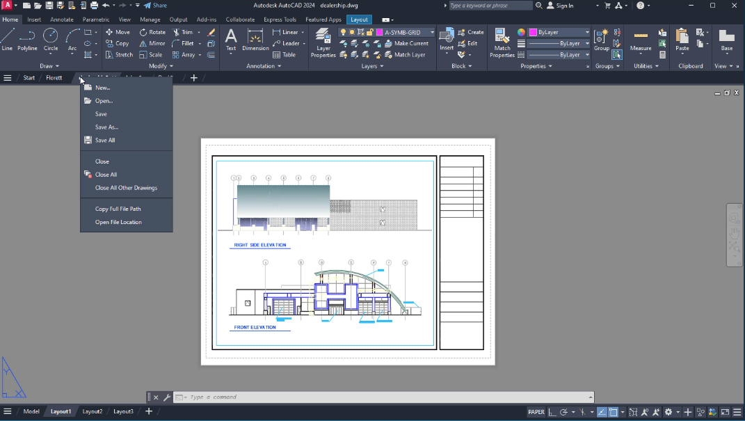 Accessed by right clicking a Drawing Tab
