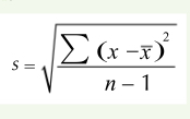 <p>x = value in the data set</p><p>x bar = mean </p><p>sigma = sum of </p><p>n = total no. of values </p><p>s = sd </p>