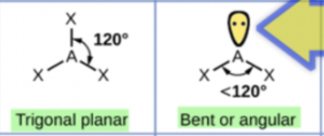 <p>Trigonal planar/planar triangular:</p><ul><li><p>Minimum repulsion between 3 electron groups occurs when they are as far apart as possible around the central C atom</p></li><li><p>Bond angles of 120 degrees</p></li><li><p>Example: BF3</p></li></ul><p></p><p>Bent:</p><ul><li><p>One of the electron groups can be a lone pair</p></li><li><p>Example: SO2</p></li><li><p>Shape of the SO2 molecule is determined by the O atoms bonded to the central S atom, which gives the SO2 molecule a shape that is bent and a bond angle of 120 degrees</p></li><li><p>When the central atom has more electron groups than bonded atoms, the shape and the electron-group geometry have different names </p></li></ul><p></p>