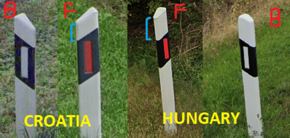 <ul><li><p>triangle shaped</p></li><li><p>white with black rectangle</p></li><li><p>red or white reflectors</p></li></ul><p>to tell the difference:</p><ul><li><p>black part is lower down for hungarian bollards</p></li></ul><p></p>