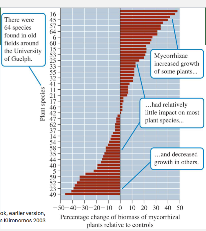 <p>Plants were grown with and without AMF + calculated the percentage change of Biomass</p><p></p><p>Results show that Plant-AMF relationships form a CONTINUUM from mutualistic to parasitic interactions</p><p></p><p>Parasitic vs. mutualistic depends on:</p><ul><li><p>Conditions of Soil</p></li><li><p>Species of plant</p></li></ul><p></p>