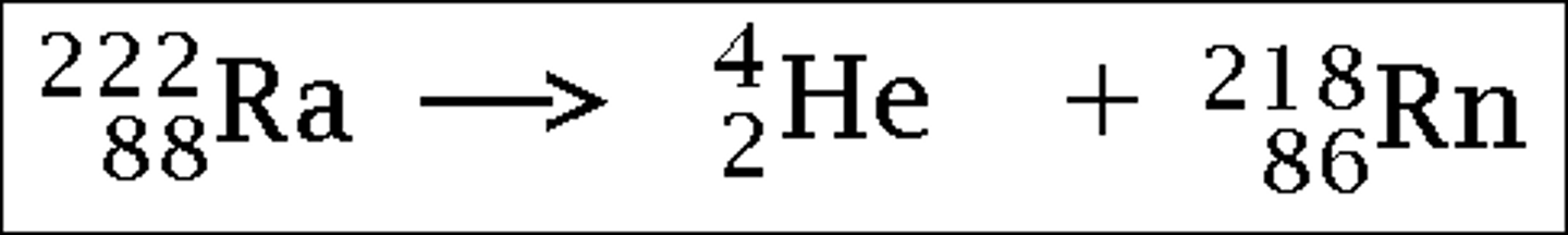 <p>→ alpha particle + radon</p><p>- atom number + 2</p><p>- mass number + 4</p>