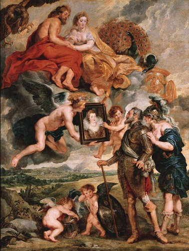 <p>-Peter paul reubens -1621-1625 -Oil on canvas -henry had this painted so he could show a women he wanted to marry (kinda like tinder) -top left is zeus and hera -he is in the painting looking at a portrait of marie de medici, the girl he wants to marry</p>