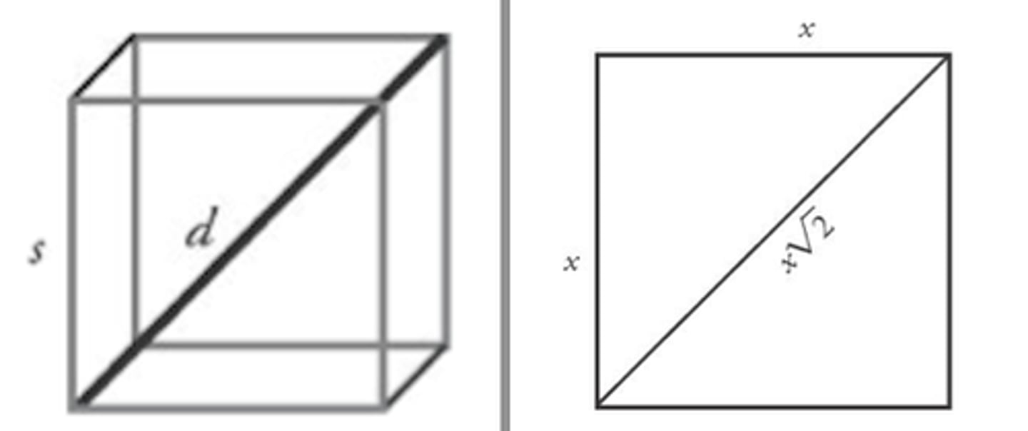 <p>Diagonal=side(√2)<br>D=s√2</p>