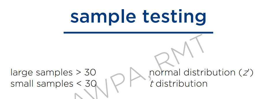 <ul><li><p>Above 30 = Large sample size </p><ul><li><p>This will now use the z table, or also known as the standard normal distribution table.</p></li></ul></li><li><p>Below 30 = Small sample size </p><ul><li><p>This will now use the t table, also known as students t distribution table. </p></li></ul></li></ul><p></p>