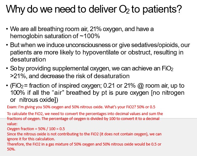   

To calculate the FiO2, we need to convert the percentages into decimal values and sum the fractions of oxygen. The percentage of oxygen is divided by 100 to convert it to a decimal value:

  

Oxygen fraction = 50% / 100 = 0.5

  

Since the nitrous oxide is not contributing to the FiO2 (it does not contain oxygen), we can ignore it for this calculation.

  

Therefore, the FiO2 in a gas mixture of 50% oxygen and 50% nitrous oxide would be 0.5 or 50%.

  