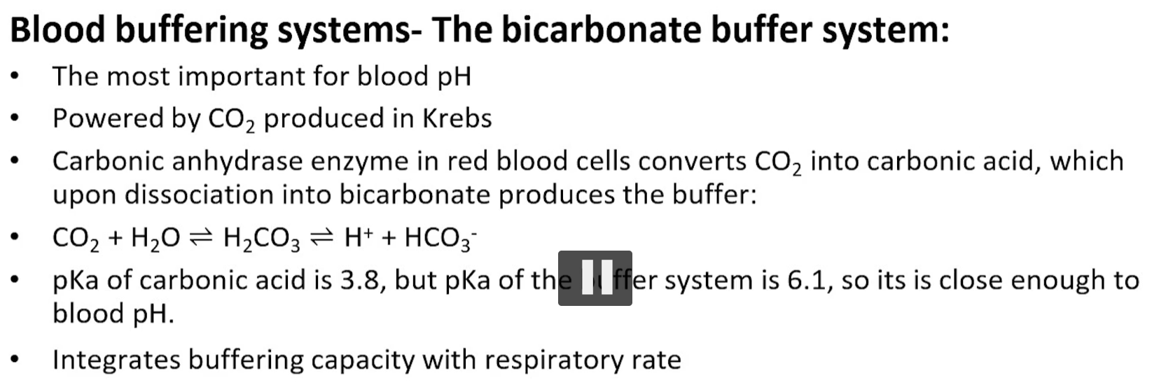 <p>the bicarbonate buffering system is powered by co2, a product of oxidative metabolism, co2 + water = carbonate acid, carbonic acid dissociates at physiological pH to bicarbonate and a proton. </p><p>carbonic anhydrase catalyzes both direction</p><p>HYPER ventilation drives the reaction to the left, causing the pH to rise. </p><p>HYPO ventilation drives the reaction the right, causing the pH to decrease. </p>