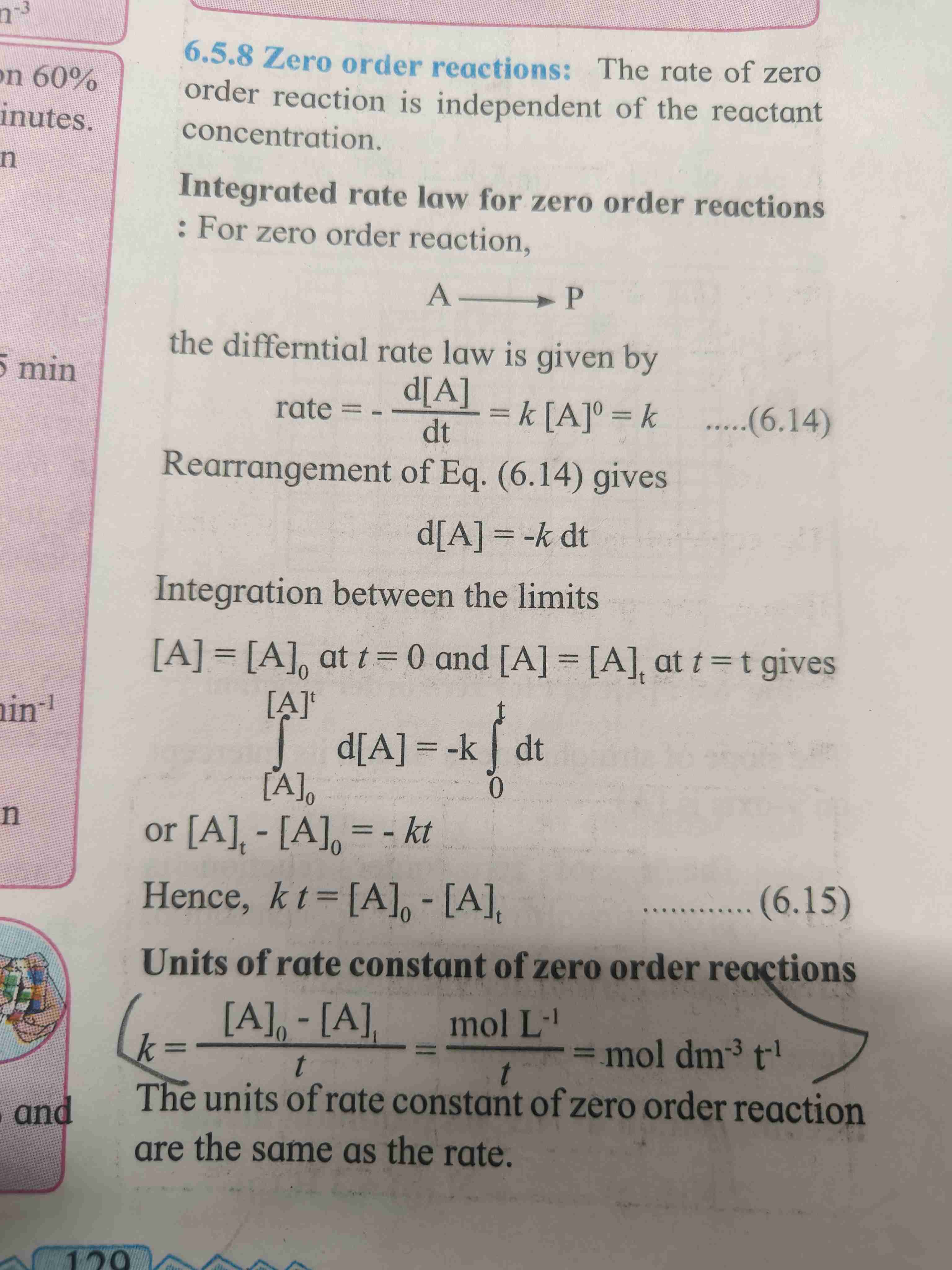 <ol><li><p>The rate of zero order reaction is independent of reactant concentration. </p></li><li><p>Formula - kt = (A)0-(A)t</p></li><li><p>Concentration of A = (A)0 at t=0 , concentration of A=(A)t at t=t</p></li><li><p>Unit of rate constant for zero order reaction is mol dm⁻³ t⁻¹. </p></li><li><p>For derivation refer page</p></li></ol>