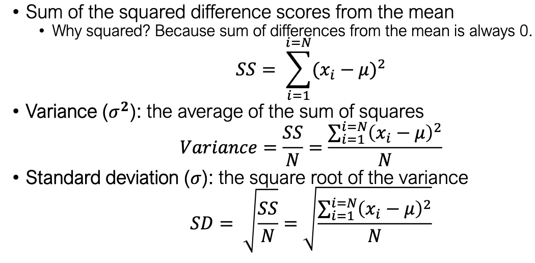 <ul><li><p>Variance = average of squared deviations from mean</p></li><li><p>SD = square root of variance</p></li><li><p>Use squared differences so they don’t cancel out (since sum of deviations = 0)</p></li></ul><p></p>