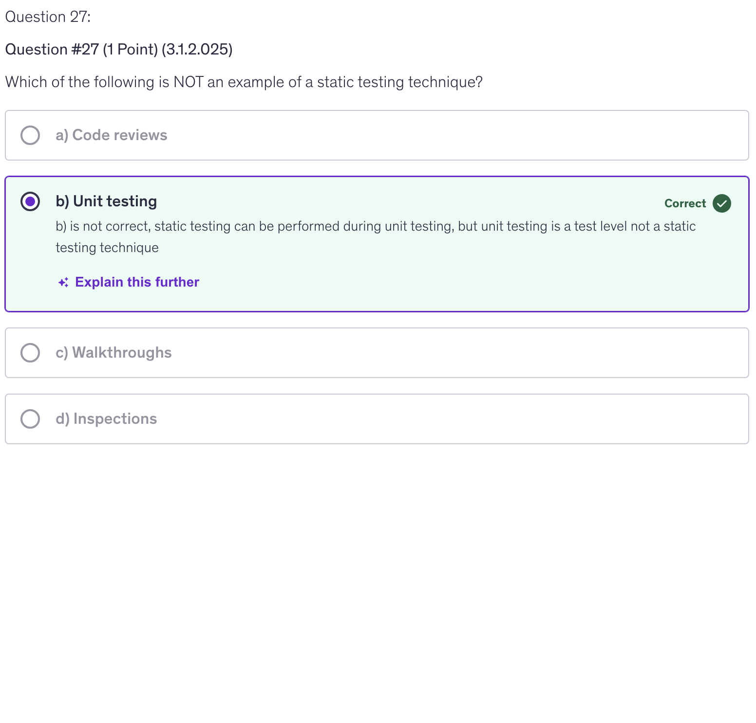 <p>b) Unit testing</p>