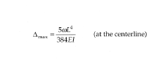 <p>Δ<sub>max </sub> = 5wL<sup>4</sup> /348EI (at the centerline)</p>