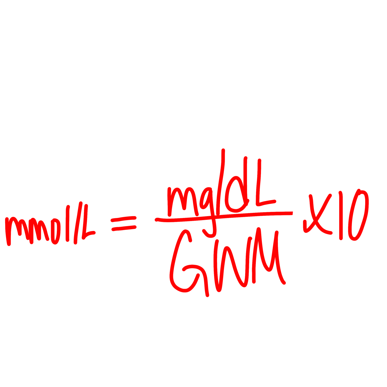 <p>mmol/L = (mg/dL)/(GWM) x 10</p>