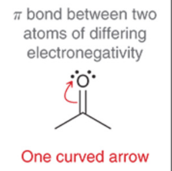 <p>One curved arrow that represents the electron flow from the less electronegative atom to the more electronegative atom within the $$\pi$$ bond, indicating polarization or dipole moment across the bond.</p>