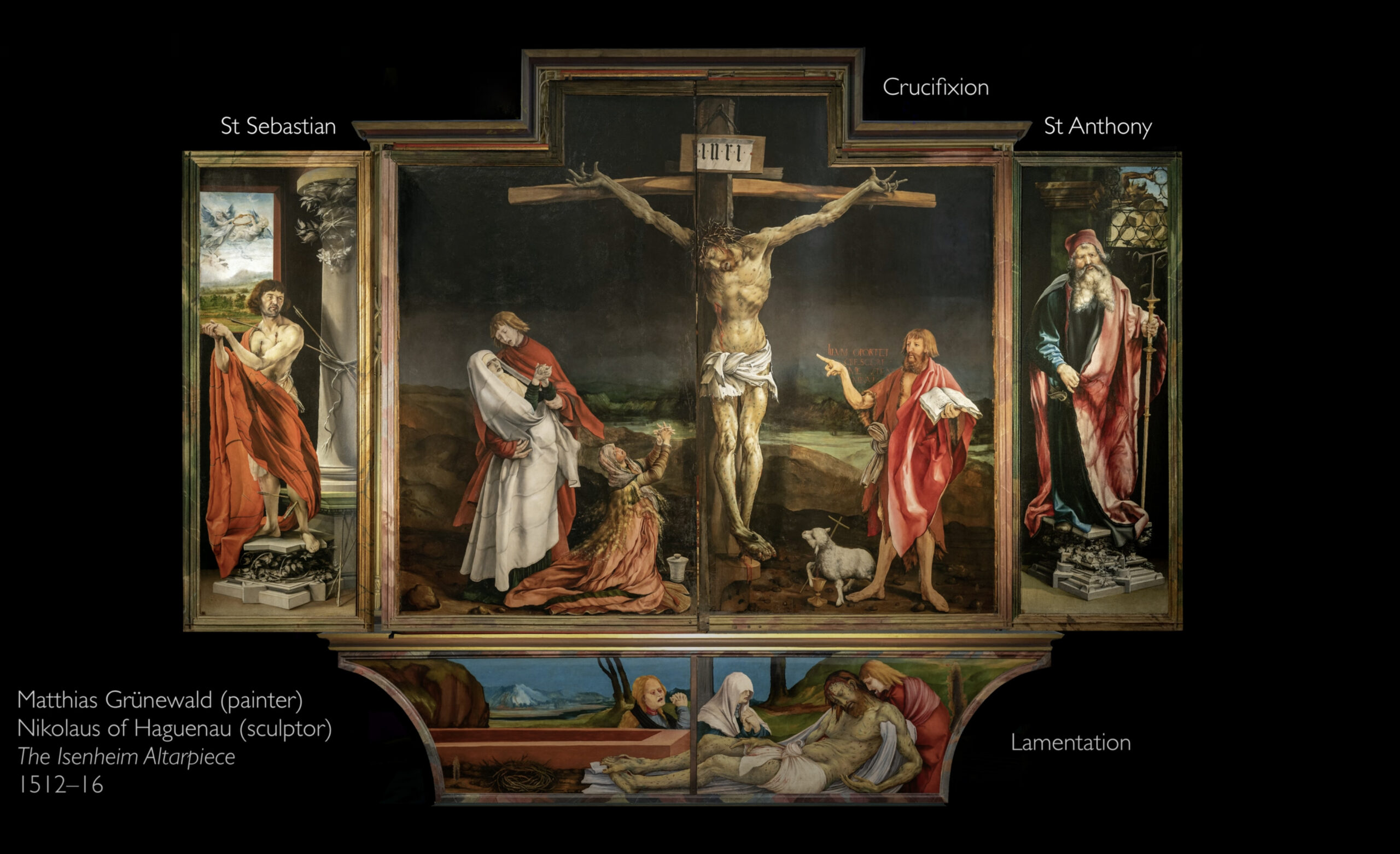 <p>Isenheim Altar Piece. Matthias Grünewald. c. 1512-16 CE. Oil and tempera on limewood panels.</p>