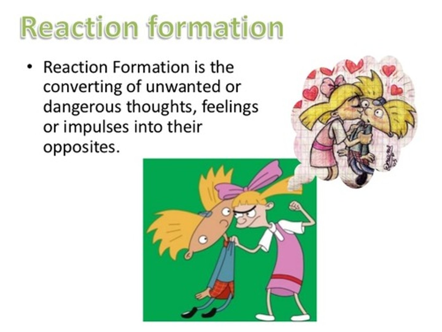 <p>Freddie might actively voice disgust with her and say that he hates her music. In Reaction Formation, an individual expresses the opposite emotion to the one they actually have.</p>