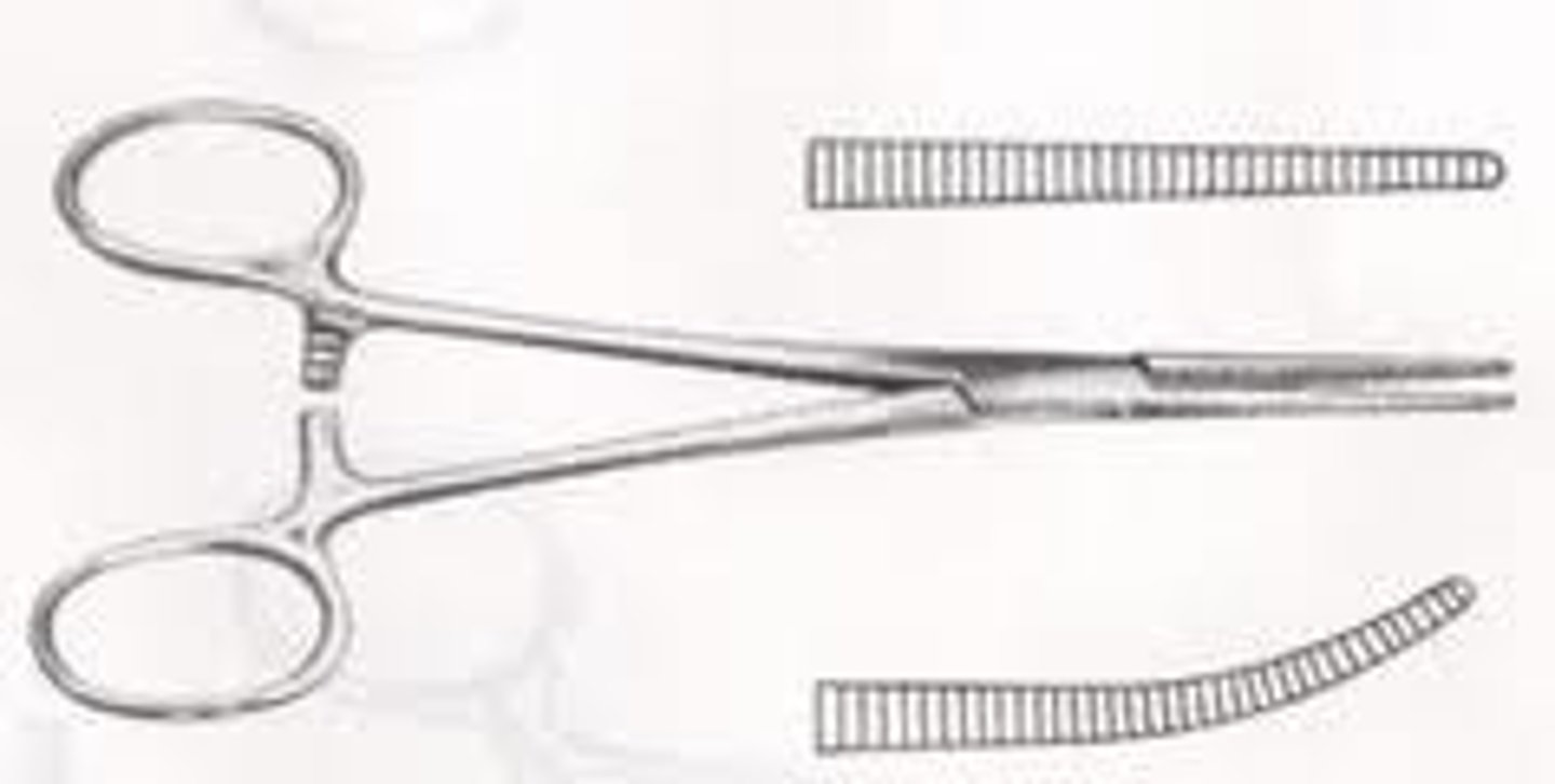 <p>Standard type of hemostats with box joint, ratchet catch, long blades with cross ridging on the blade face. It is used to clamp blood vessels or tag sutures. The jaws may be straight or curved.</p>