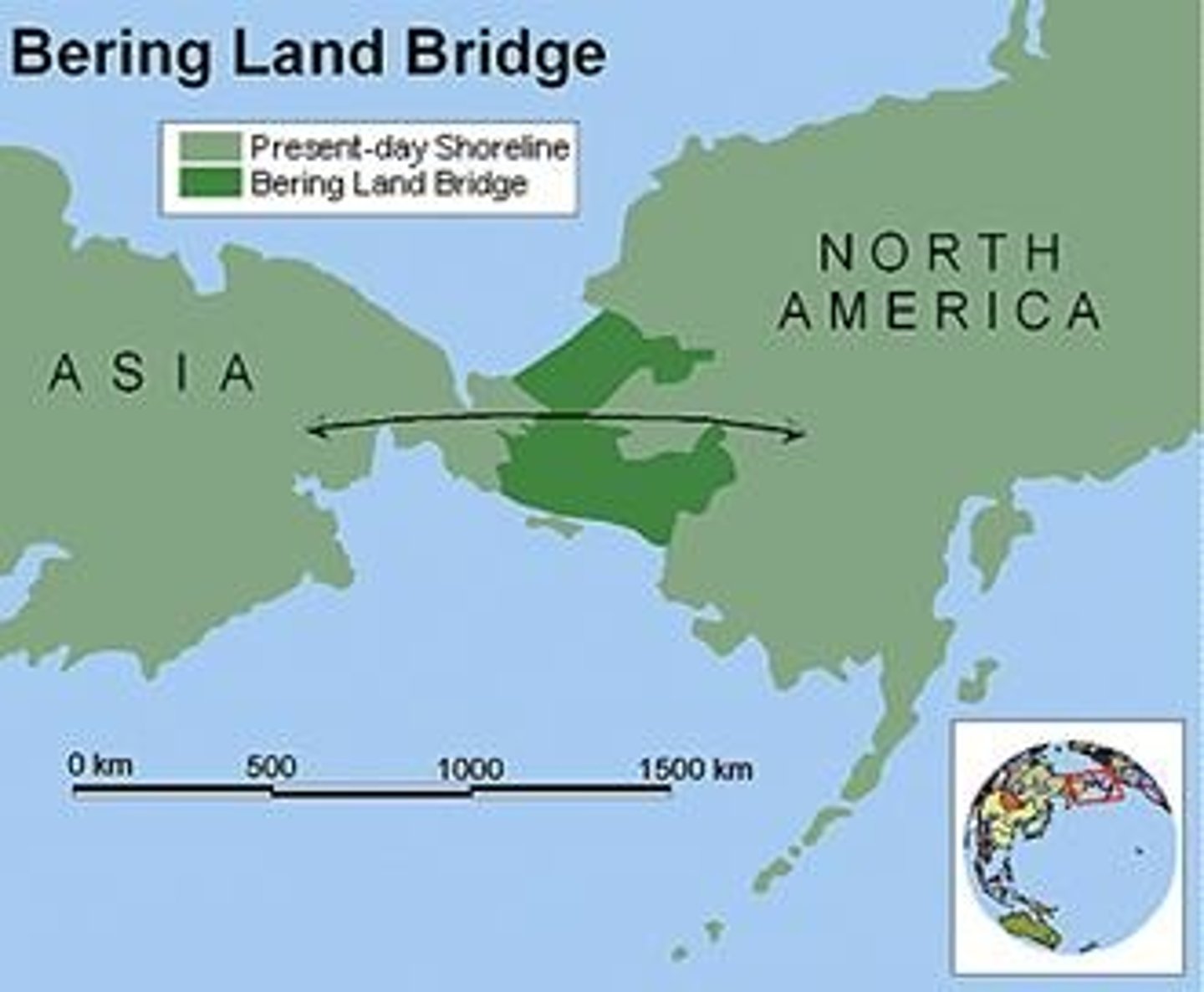 <p>Some time between 10,000 and 40,000 years ago, people migrated from Asia to the Americas, across this area that connected Siberia and Alaska. (p. 2)</p>