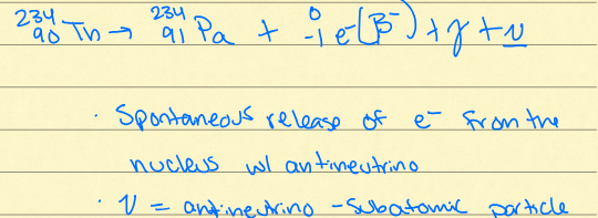 <p>lose one electron in a series. happens in series with alpha decay. Th→Pa + -ie-(B) + j + v</p>