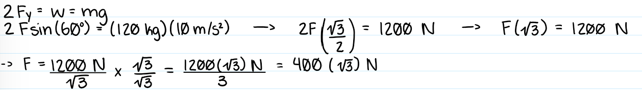 <p>B) 400sqrt(3) N</p><p>Bilateral symmetry:</p><ul><li><p>two x-components of the forces are equal and opposite, so they cancel out</p></li><li><p>two y-components of the forces from the arrows are equal and combine to an upward force that balances the weight</p></li></ul><p></p>