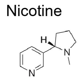 <ol><li><p><strong>Nicotine</strong> is a _____________ ___________</p></li><li><p>2 enantiomeric forms → which form is more active?</p></li><li><p>Why does very little nicotine oral absorption occur when smoking cigarettes? (pKa = 8.02)</p></li><li><p><span style="font-size: calc(var(--scale-factor)*27.05px)">Chewing tobacco and oral snuff are made from air-cured tobacco, resulting in tobacco that has a ______ pH, </span><span style="font-size: calc(var(--scale-factor)*27.02px)">which is<em> ideal for oral absorption</em></span></p></li></ol><p></p>