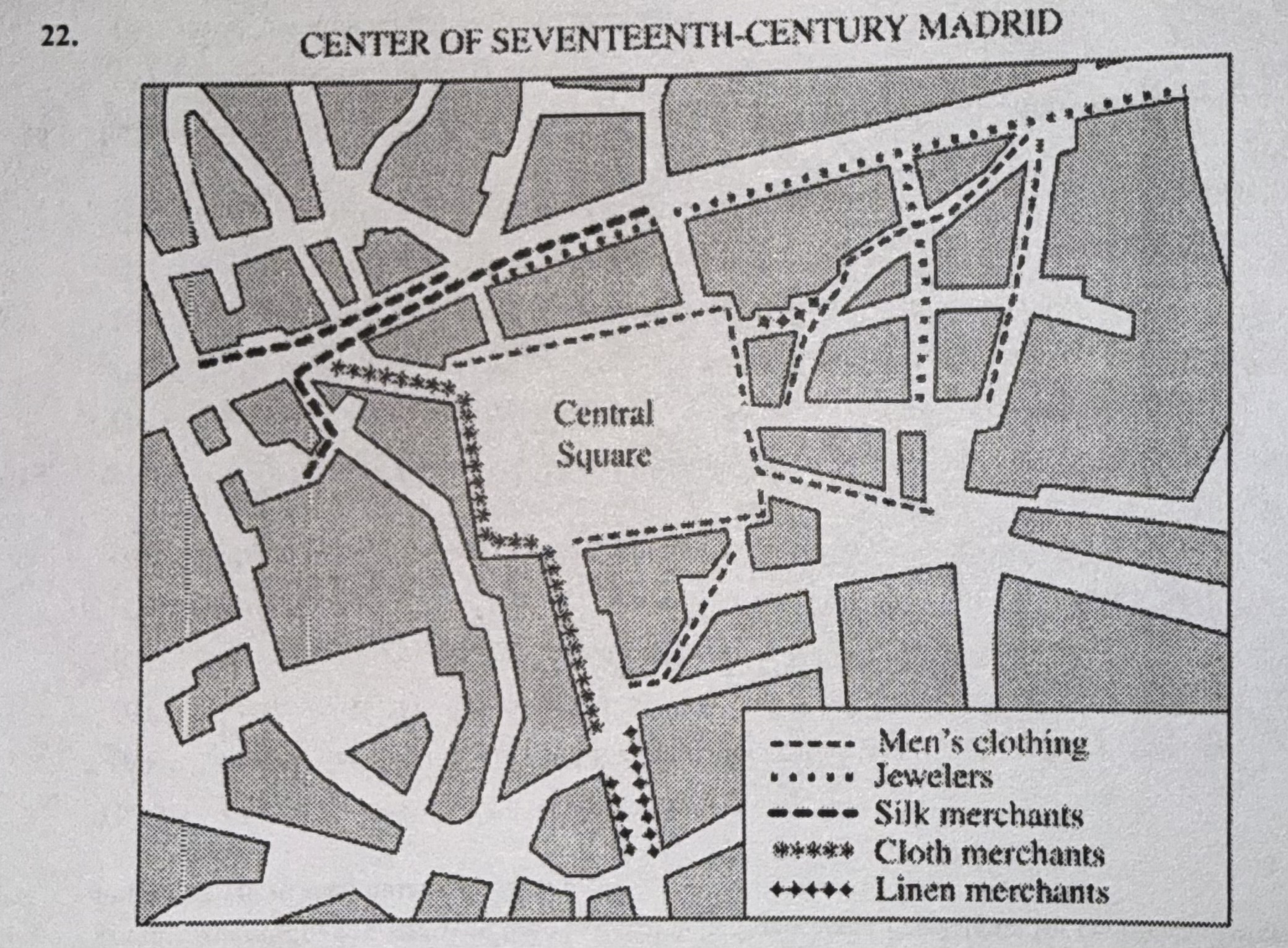 <p>The map above shows which of the following about luxury shops in seventeenth-century Madrid?</p>