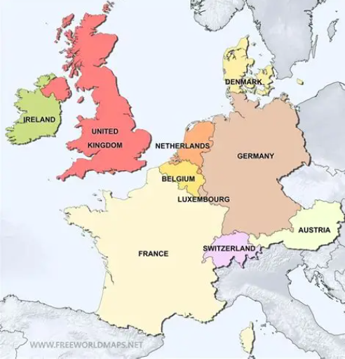 <p>It includes France, Germany, Netherlands, Belgium, Austria, Switzerland, United Kingdom (Britain), Ireland, Portugal, Spain</p>
