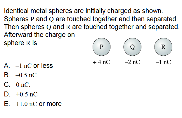 <p><span style=""><span>Identical metal spheres are initially charged as shown.<br>Spheres P and Q are touched together and then separated.<br>Then spheres Q and R are touched together and separated.<br>Afterward the charge on<br>sphere R is</span></span></p>